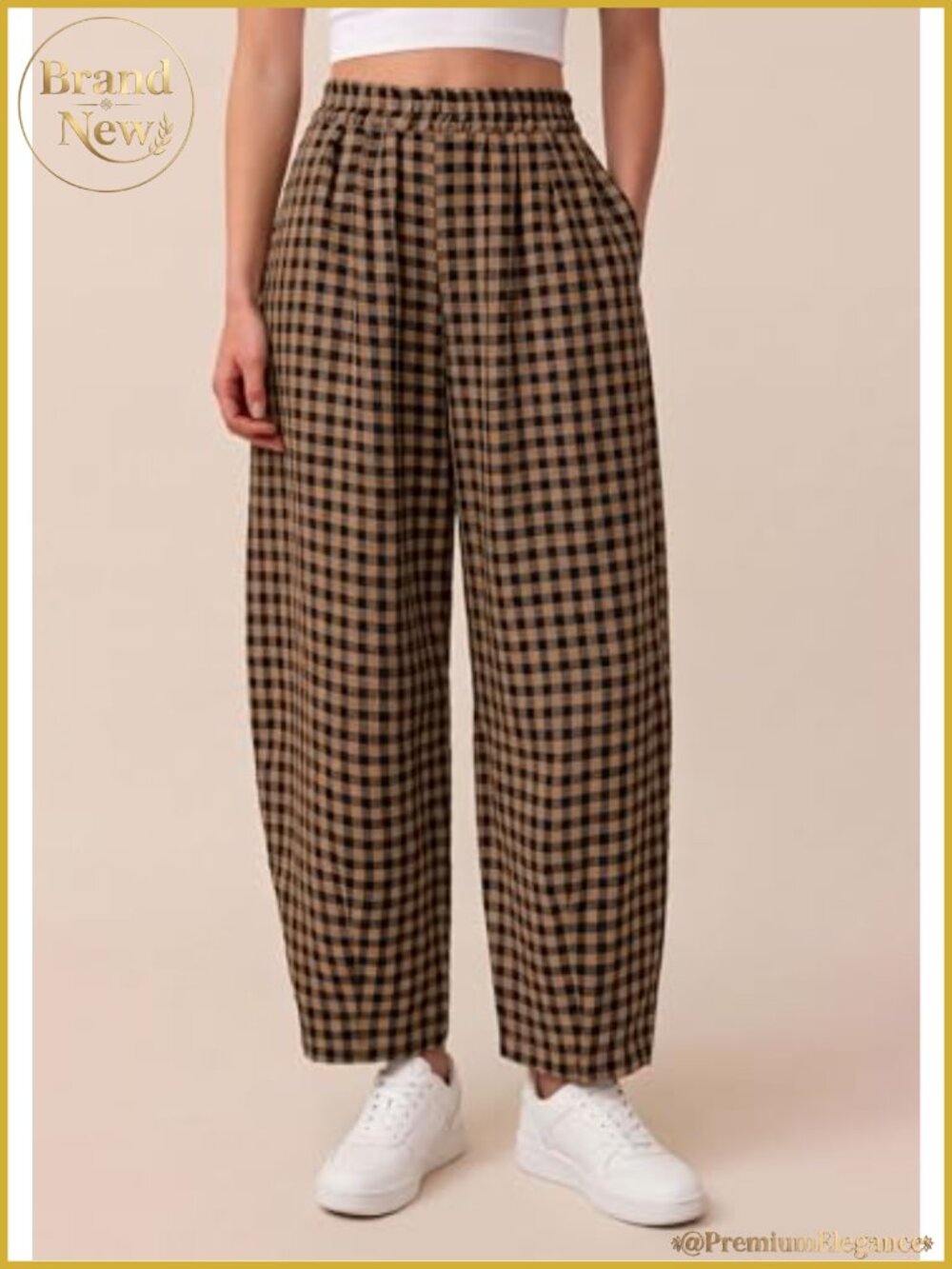 Plaid Barrel Pants Women Wide Leg Elastic Waist Casual - Picture 4 of 6